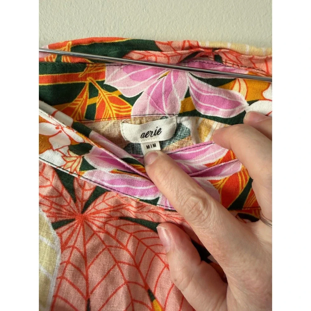 Aerie Wrap Mini Skirt Medium Orange Pink Tropical Floral Ruffle‎ Hem Tie Waist